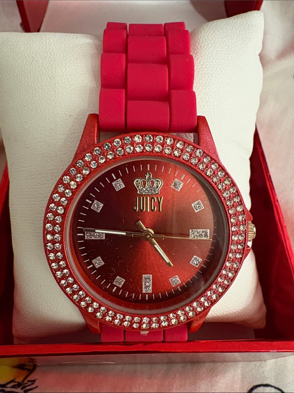 Juicy Couture Pink Red Crystal Bezel Women’s Watch